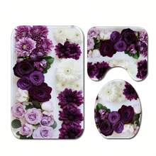 1/3/4 Stück Lila Rose bedruckter Badezimmerteppich Set, waschbarer Badezimmerboden Teppich, beinhaltet Badematte, U-förmige Toilettenvorlage - geeignet für Valentinstag, Halloween, Weihnachtsdekoration und Urlaubsgeschenke Badezimmerdekoration