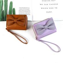 1pc Korean Style Bow Design Short Wallet Fashion Minimalist PU Leather Tri-Fold Coin & Card Purse Suitable For Girls Women Office Ladies Great For Work Business Trip Commuting Outing Travel