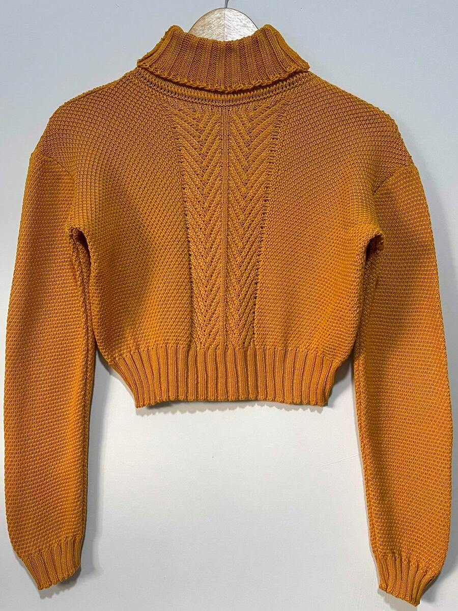 Women's Knitted Crop Top With Long Sleeves And Weaves. - Mù tạt - Xem 1