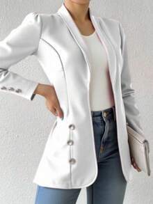 Saco blazer dama largo manga larga botones decorativos solapa vestir casual formal trabajo oficina calle reunion fiesta elegante moda femenina dia calor primavera verano fiesta jardin - Blanco - Ver 2