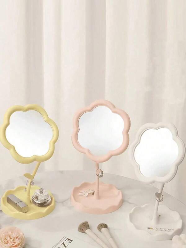 1 Pieza Espejo de Maquillaje con Forma de Flor, Espejo de Tocador de Escritorio, Espejo Decorativo de Pie, Espejo de Mesa de Cosméticos, Espejo de Decoración de Habitación Estética con Base de Bandeja de Almacenamiento, Para Tocador, Dormitorio, Dormitorio Universitario, Idea de Regalo Única