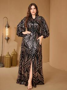 SUPGIR Plus Size V-Neck Lantern Sleeve Sequin Formal Evening Gown, Party Dress, Wedding Guest Dress, Maxi Dress, Autumn Women Clothing Vacation - Gold - View 3
