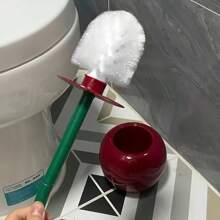 Cepillo de inodoro creativo con soporte, bol y mango largo, herramienta de limpieza del hogar para el baño, con base para almacenamiento y acabado, cerdas gruesas para una limpieza profunda, resistente a la oxidación y a las fugas - forma de cereza roja