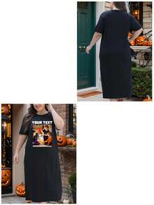 Personalized Halloween Women's Long Dress, Custom Design With Your Personal Text/Name/Halloween Blessings, Upload Your Funny Images/Pets/Friends Photo On The Front, Women's Comfortable Casual Loose Plus Size Dress, Black, Autumn Clothing, Holiday Gift, Home Dress - Black - View 3