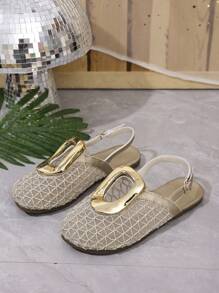 Women's Summer New Headscarf Mesh Circle Buckle Woven Flat Sandals, Fashion Versatile Breathable Slip-On Vacation Slippers