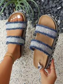 2025 Summer New Cross-Border Chunky Platform Dual-Buckle Rhinestone Soft Cork Slide Sandals For Plus Size Women