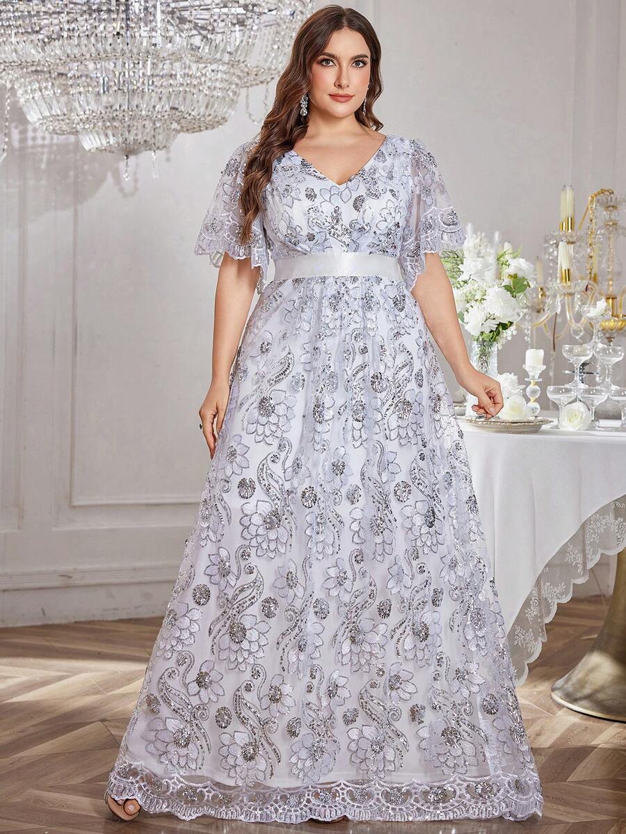 SUPGIR [Vestido de noche de gala de flores bordado con lentejuelas, cuello de rhinestone, mangas abullonadas elegantes] - Blanco - Ver 1