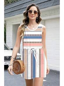 Womens Summer Striped Dresses Casual Sleeveless Shirt Dress Drawstring Waist Sundress With Pockets - Blue - View 2