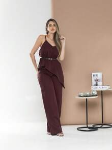 conjunto de blusa assimetrica com calça pantalona elegante C3142 - Vinho - Visão 7