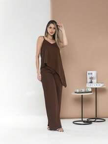 Asymmetric Blouse Set With Elegant Palazzo Pants C3142 - Marrón Chocolate - Ver 3