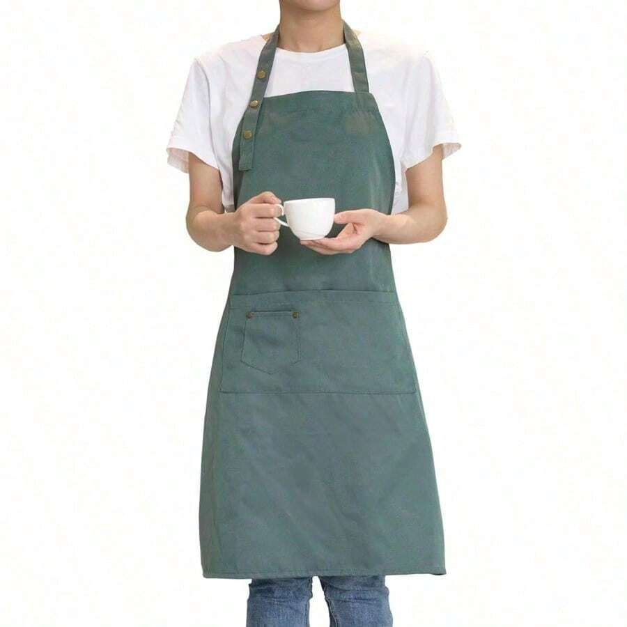 1Pc Waterproof & Oil-Resistant Canvas Apron, Adjustable Straps With Dual Pockets, Essential For Kitchen Cooking & Baking - 霧霾藍 - 查看 1