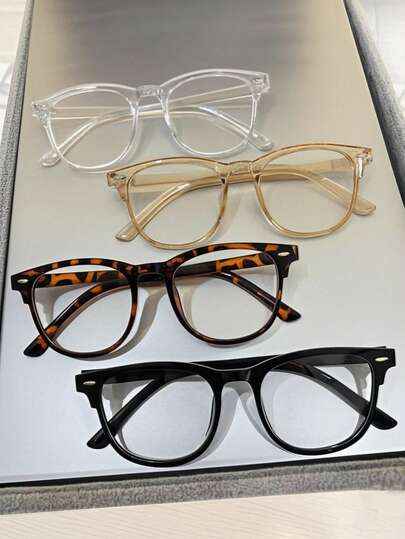 3 piezas Gafas casuales de marco pequeño y lentes claras para hombres y mujeres, para computadora, lectura, juegos, TV y teléfonos, anti fatiga visual, protección ocular, adecuadas para fiestas, compras y tomar fotos. Disponibles en varios colores (gafas negras, gafas de leopardo, gafas transparentes)