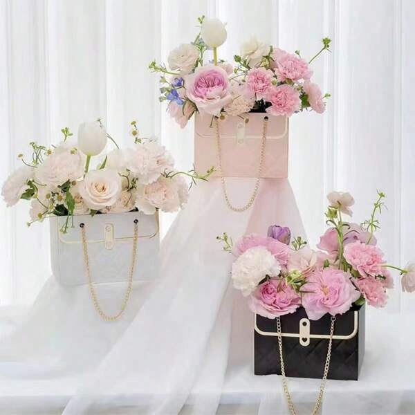 3pcs Romantic Flower Gift Bags, Rectangular Floral Packaging Bags, Creative Bouquet Pouches With Drawstring - Used For Storing Earrings, Rings, Necklaces, Bracelets, Small Gifts, Wedding Keepsakes, Party Favors