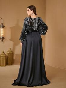 [Random Cut] Women Jumpsuits V-Neck Lantern Sleeve Shiny Sequins Elegant 2-Way Party Cocktail Flare Pants