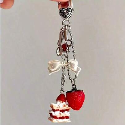 Y2K Crystal Glaze Cake Charm, Gold Heart Shape Buckle Bow Decor, Strawberry Lover Lady Bag Charm/Accessory