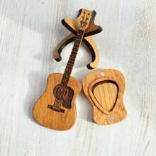 1 peça de palhetas de guitarra, caixa de palhetas em formato de guitarra, estojo de madeira personalizado, inclui 3 palhetas, adequado para guitarra, baixo, ukulele, cor de madeira natural