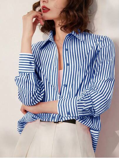 Blusa holgada elegante con rayas y bordado de letra, camisa de manga larga convertible, para uso diario en primavera/verano/otoño