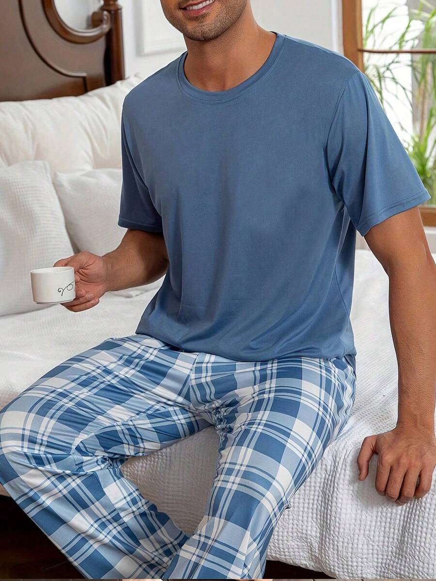 2pcs Men's Lightweight Round Neck Short Sleeve Contrast Plaid Print Pocket Pajama Set,Casual Simple Home Outfit, Spring/Summer - Baby Blue - View 1