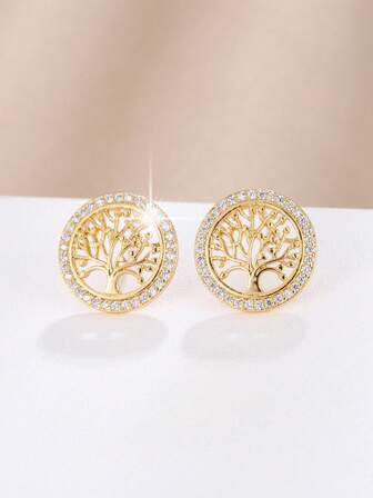 1pair Classic Round Hoop Earrings With Tree Shaped Zirconia Inlay, Suitable For Women's Daily Wear