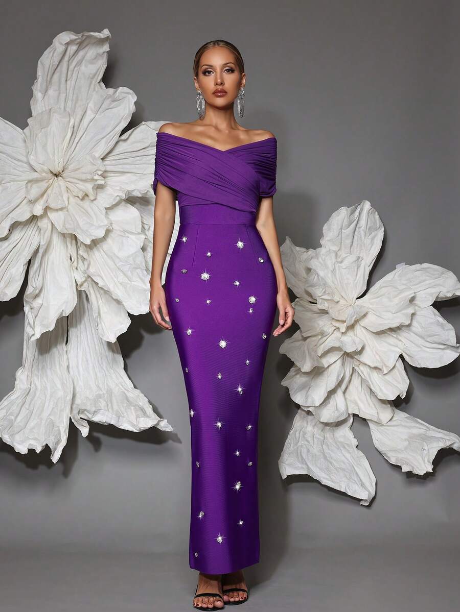 Off Shoulder Handmade Beaded Bodycon Bandage Dress, Sexy & Fitted, Suitable For Family Gatherings, Parties, Formal Events - Purple - View 1
