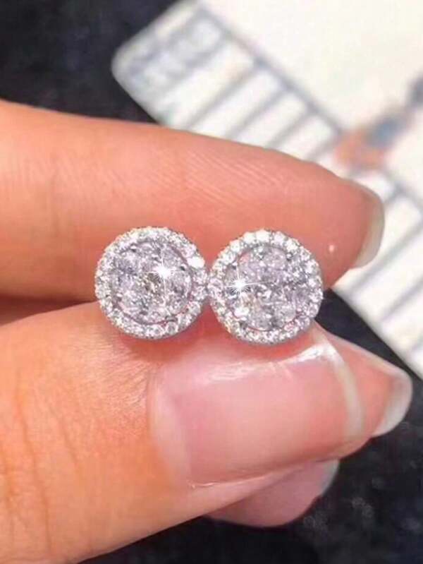 1 Pair Round Elegant Decorated Zirconia Stud Earrings, Suitable For Women Wedding Dress, Dating, Valentine's Day Gift