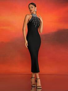 Luxury Handmade Rhinestone Embellished Sleeveless Black Bandage Slit Evening Dress For Women, Elegant Formal Prom Dress, For Wedding Guest, Graduation, Dinner