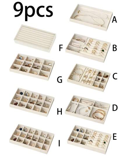 9/1 件天鹅绒首饰托盘，大容量珠宝收纳盒，带独立隔层，可堆叠珠宝展示架，用于存放耳环、项链、手链、戒指、发夹、发带等，适用于女性收纳整理器旅行必需品礼物