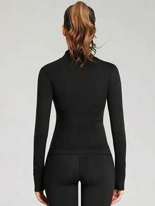 带拇指孔的纯色拉链运动夹克 - 黑色 - 查看 2