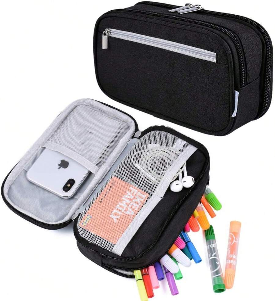 Large Capacity Pencil Big Storage Pencil Bag Pouch 3 Multifunctional Compartment Pen Marker Cases Holder Portable Office Stationery Organizer Supplies Makeup Bag, Black - 黑色 - 查看 1