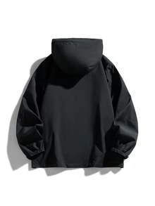 男士长袖休闲连帽夹克，宽松百搭风衣，春秋季拉链设计实用夹克，适合日常穿着、聚会、徒步旅行、远足及各种场合。 - 黑色 - 查看 3