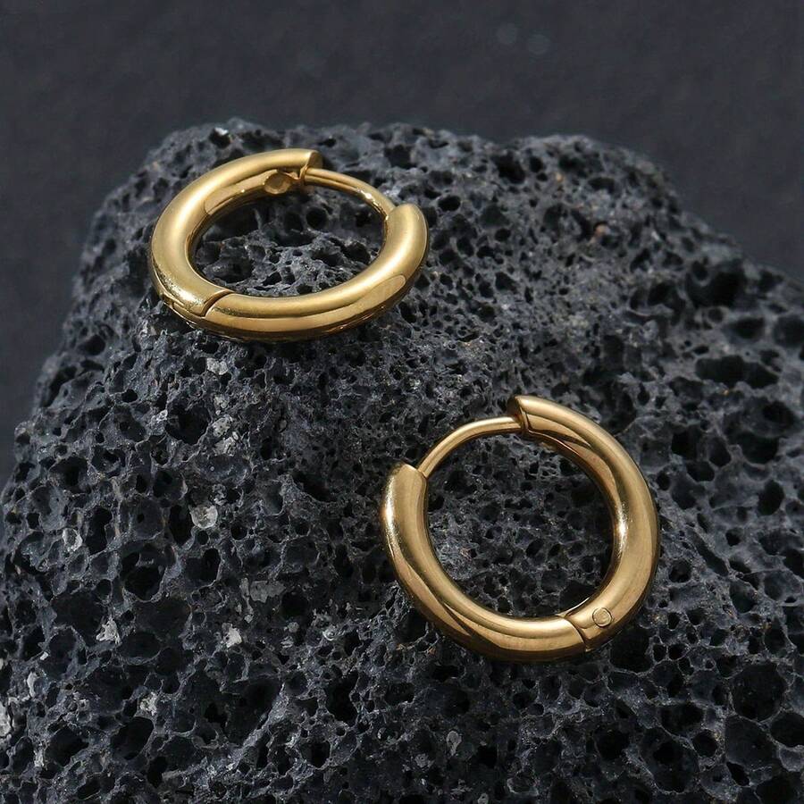 1 Cặp Bông Tai Vòng Bằng Thép Không Gỉ Đơn Giản Độ Dày 2.5 Mm Dành Cho Nam - Vàng - Xem 1