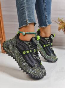Women's Contrast Color Patchwork Breathable Anti-Slip Rhinestone Chunky Sole Serrated Platform Sneakers, Unique Design, Casual Sports Shoes, Fashion & Comfortable Versatile, Suitable For All Seasons, College Style Chunky Sneakers