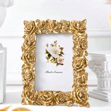 Cornice retrò in resina con fiori dorati e preziosi, con vetro, cornice fotografica retrò, adatta per decorazione di uffici domestici | decorazione centrale del tavolo da pranzo, piante di olivo, matrimoni, soggiorni, librerie, uffici, case moderne, passaggi di ingresso, console