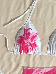Bộ bikini 3 món dành cho nữ, họa tiết hoa nhiệt đới chuyển màu, áo bikini có dây điều chỉnh, quần bikini tam giác buộc dây bên hông, váy che phủ chống xuyên thấu, thích hợp cho bãi biển và tiệc tùng, đồ bơi và trang phục nghỉ mát mùa hè màu trắng dành cho nữ - trắng - Xem 3