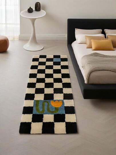 Faux Wool-Like Black&White Checkerboard Rug, Checkered French Style Carpet For Bedroom, Living Room, Sofa, Coffee Table, Doorway, Non-Slip, Machine Washable, Polyester Indoor/Outdoor Mat, Rectangle