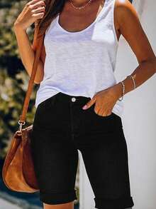 女式水洗紧身弹力牛仔骑行裤，带口袋 - 黑色 - 查看 3