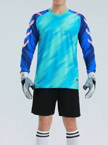 2pcs/Set Soccer Goalkeeper Padded Elbow Long Sleeve T-Shirt With Anti-Slip Chest Stripes + Goalkeeper Shorts, Breathable, Elastic Waist Pants For Training, Matches