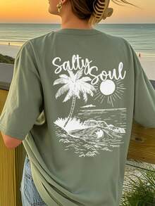 SALTY SOUL Damen Frühling/Sommer Neuer Strandresort Kokosnussbaum Sonnen Muster Tägliches Lässig Rundhals Kurzarm T-Shirt Modisch, Ihr täglicher Urlaubsbegleiter. Urlaub Damen Grafik T-Shirts