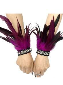 1 Pair Feather & Pearl Cuff Fingerless Gloves, European Style Bracelet Sleeves Costume Accessories Suitable For Halloween, Carnival Events