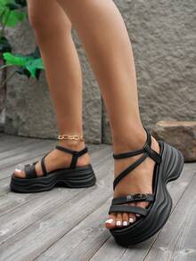 Giày sandal đế xuồng cho nữ, đế dày nâng cao, giày sandal xỏ ngón cổ điển đa năng có đính đá, ngọc trai, thích hợp đi biển, nghỉ dưỡng - màu đen - Xem 5