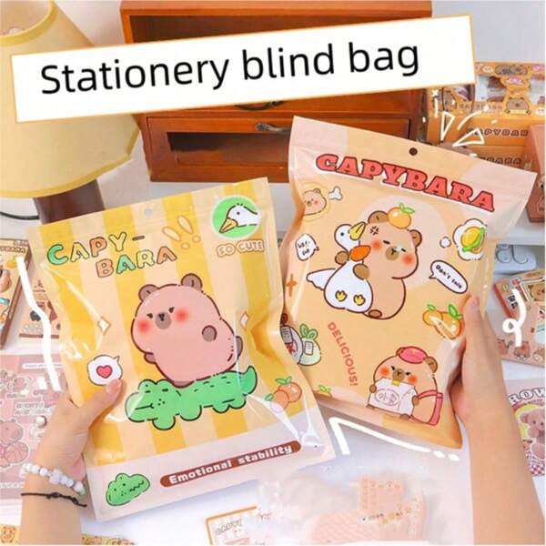 1pc Surprise Mystery Bag - Capybara Stationery Set, Cute Cartoon Theme Office Supplies, Suitable For Back To School Or Holiday Gifts, Includes Adorable Bear Notebook And Colorful Illustrated Pen, Ruler, Sticky Notes, Random Color/Style
