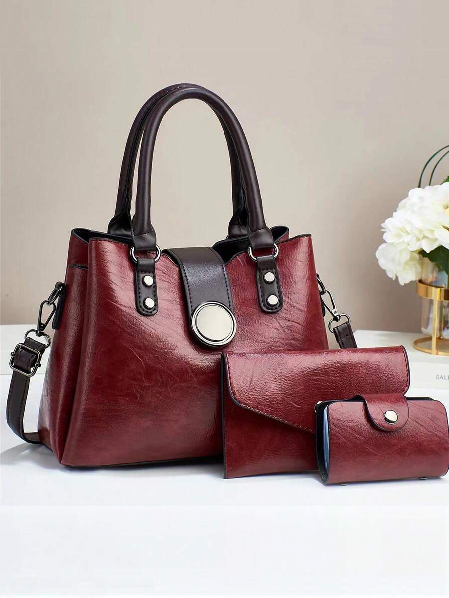 3pcs Women's PU Leather Handbag Set, Elegant Fashion Tote Bag With Coin Purse And Card Holder, Multifunctional Large Capacity Shoulder Bag, Stylish And Unique Design, Multiple Colors Available - Burgundy - View 1