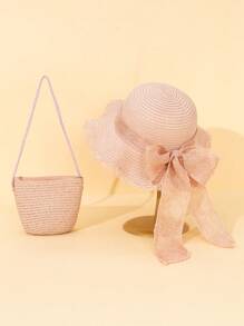 2 piezas Sombrero de paja para niños con lazo y corbata, sombrero de playa y bolsa de paja de moda para vacaciones de verano