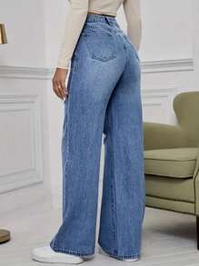 High-Quality Casual Distressed Pocket Design Wide Leg Jeans