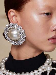 2pcs/Set Oversize Round Full Rhinestone Earrings, Vintage Pearl Earrings Decorations