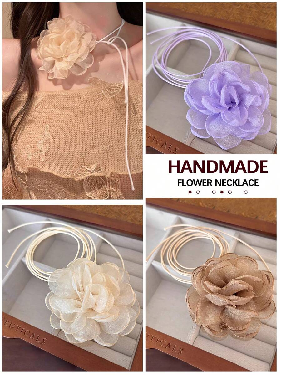 1 French Luxury Three-Dimensional Handmade Rose Strap Neck Chain Hot Girl Abstinence Maid Apricot/Purple/Coffee Clavicle Neck Belt