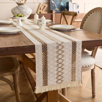 1pc Macrame Style Bicolor Stitching Table Runner, Boho Neutral Table Runners Farmhouse Woven Home Decor
