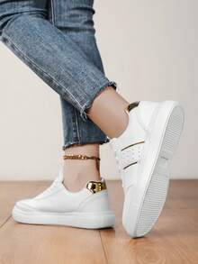 全新女士休闲运动鞋平底鞋，加大码女士白鞋 - 白色 - 查看 5