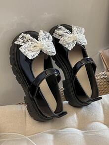 1 双女童蝴蝶结亮片、蕾丝、珍珠装饰闪亮仿皮材质圆头中帮魔术贴低跟中跟甜美可爱华丽俏皮优雅公主风格儿童鞋日常旅行、生日派对、节日庆祝和其他场合儿童平底鞋