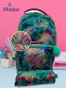 Set mochila para niña diseño Torre París sirena con lonchera lapicero escolar completo accesorios moda infantil resistente - Verde - Ver 2